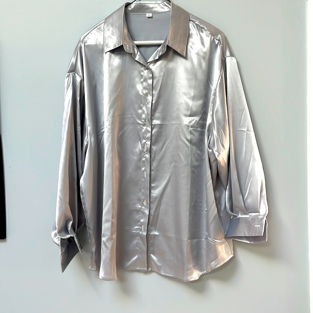 Glam silver satin shirt, new